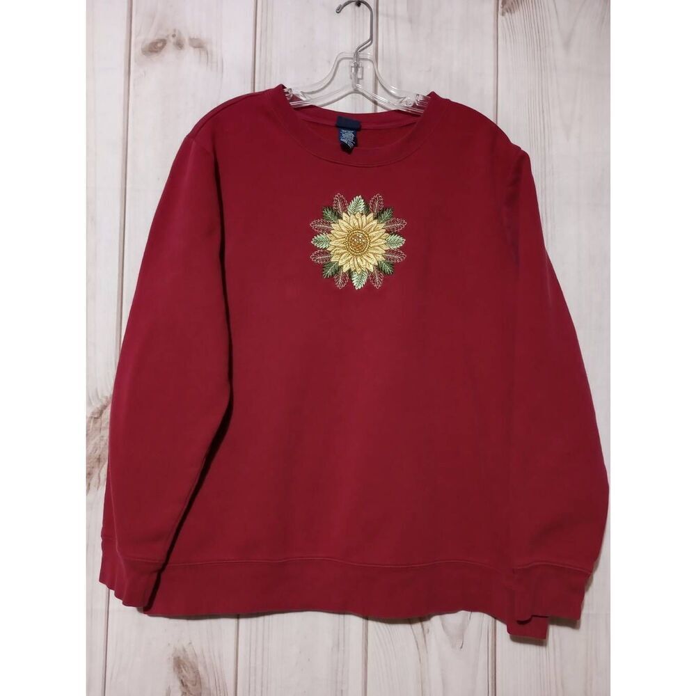 Basic Edition Sweatshirt Ladies Extra Large Red Sunflower‎ Vintage Grandma